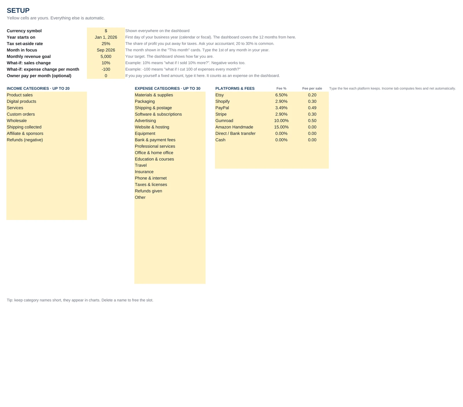 Bookkeeping Tracker, Setup tab (sample data)