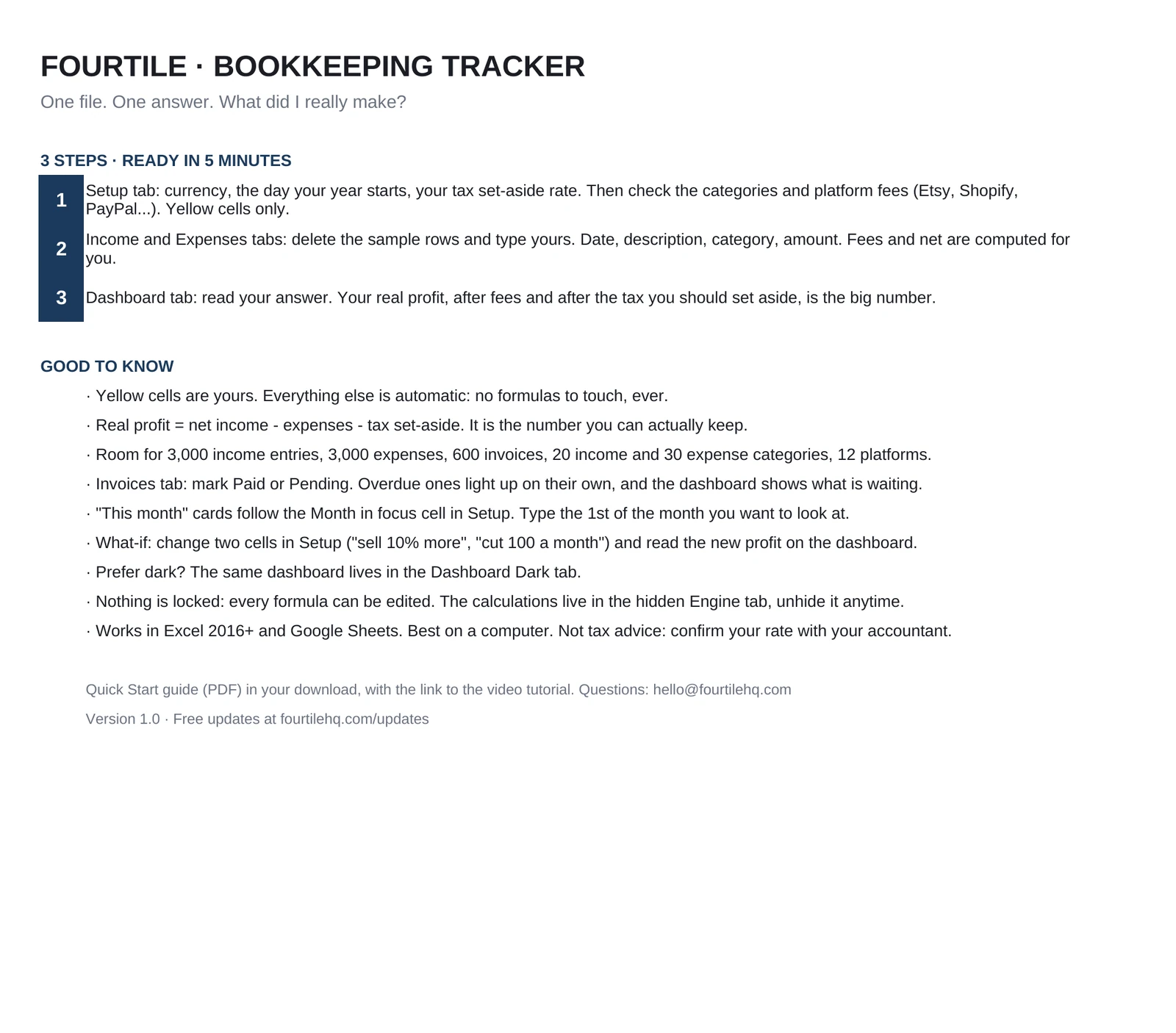 Bookkeeping Tracker, Start Here tab (sample data)