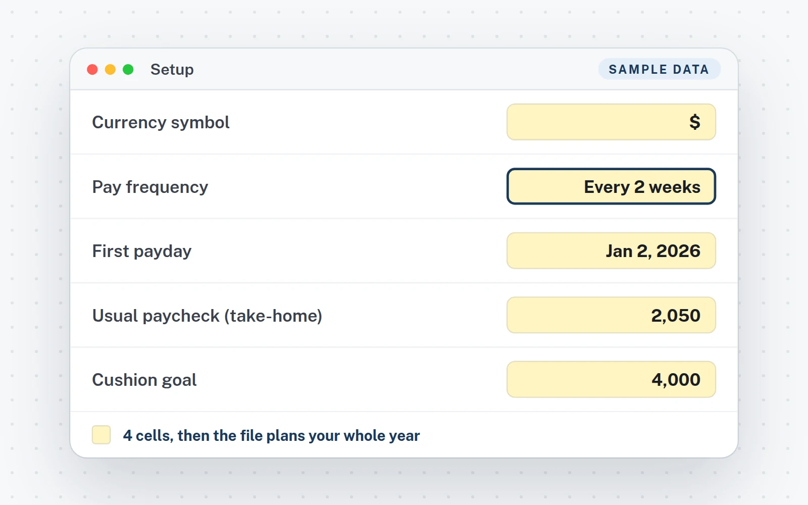 The Setup tab (sample data)