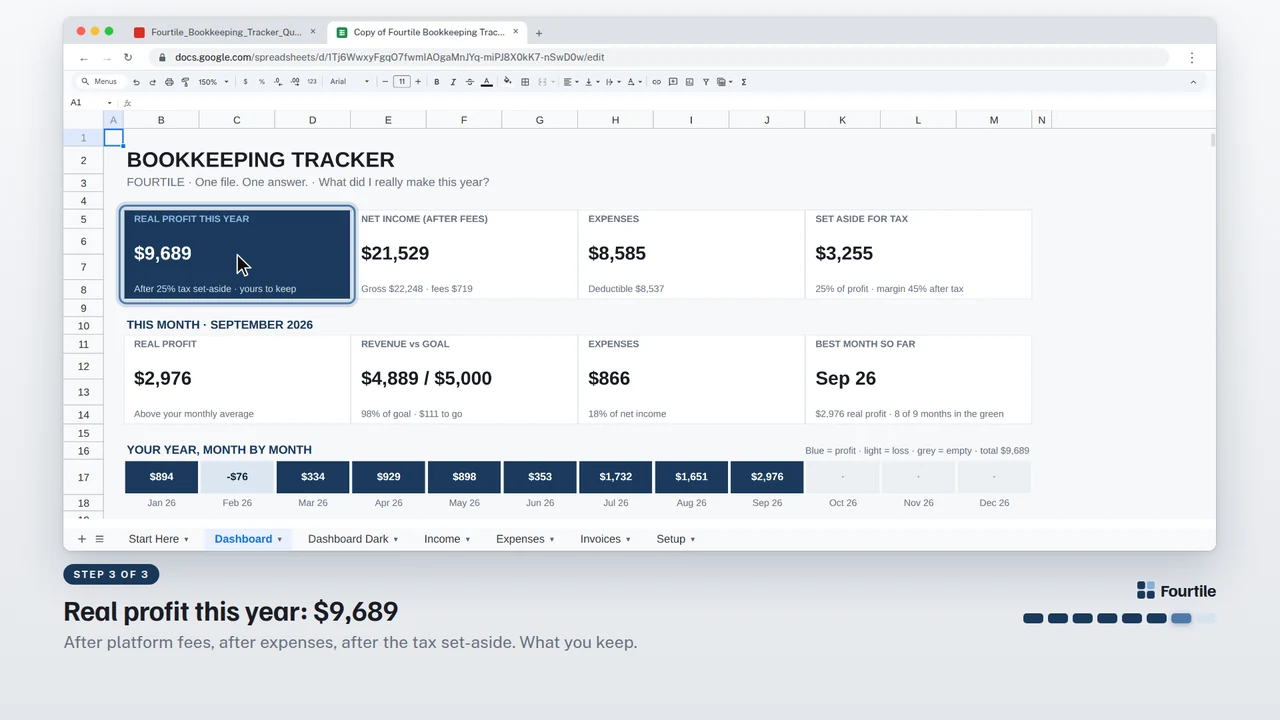 A frame of the Bookkeeping Tracker video tutorial: the real file in Google Sheets