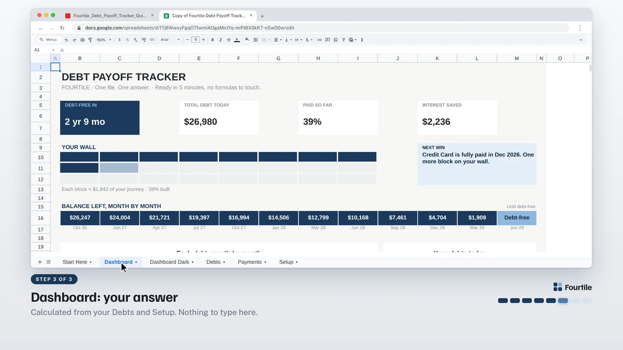 A frame of the Debt Payoff Tracker video tutorial: the real file in Google Sheets